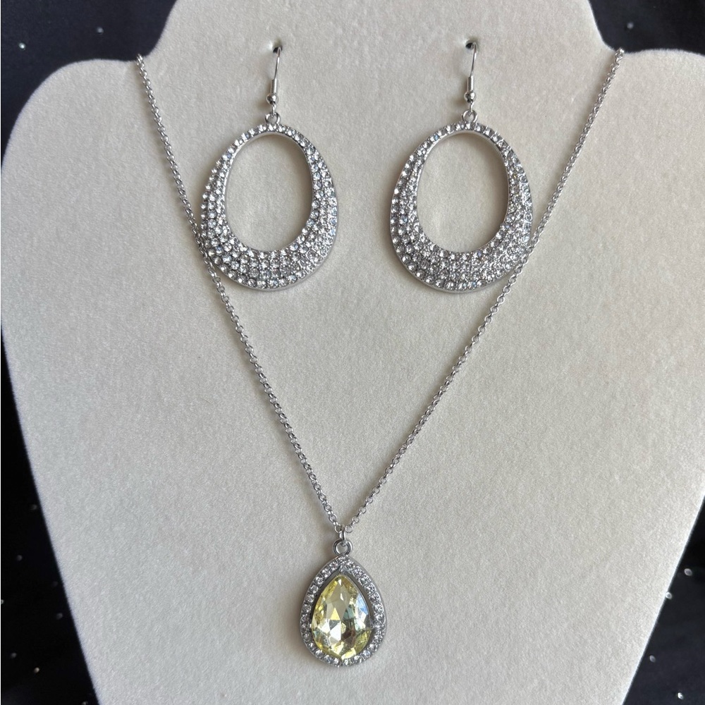 Silver Necklace and Earring Set with Yellow Teardrop Pendant